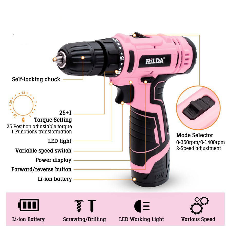 Bor tangan warna pink 10mm dua - Power Tools Pink ulasan dan harga